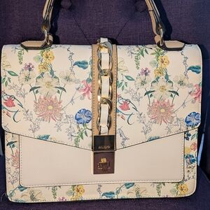 Aldo Cream Floral Satchel with Gold Accents